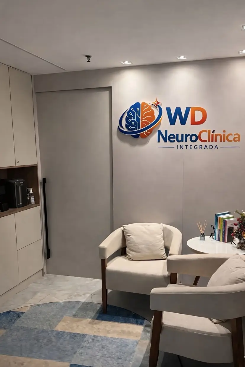 Recepção da WD NeuroClínica Integrada, com o logo na parede e poltronas